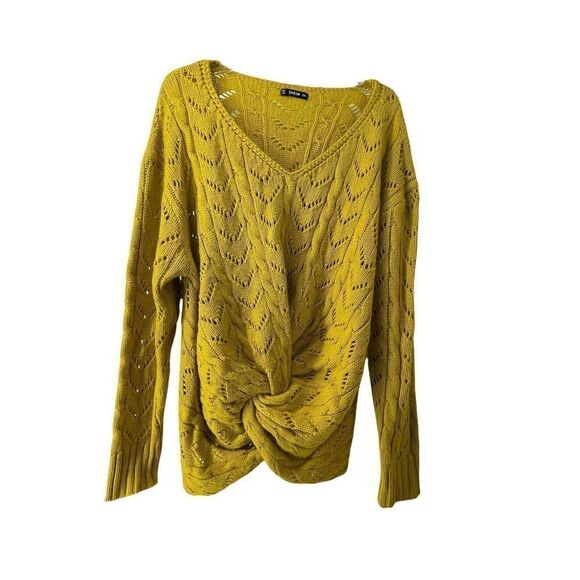 Marigold Yellow V Neck Sweater Womens Size 3XL Twist Front Cable Knit Pointelle - Picture 1 of 6